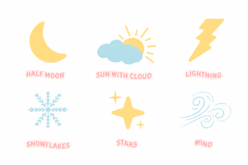 Soft Pastel and Playful Weather Illustration Set with Pale Yellow Pastel Tosca Pastel Lilac and Pastel Pink colors