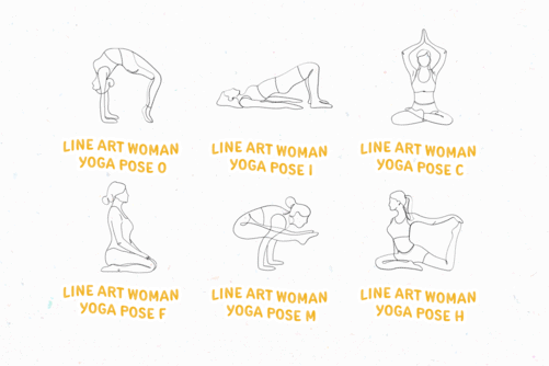 Black Line Art Woman Yoga Poses Illustration Set