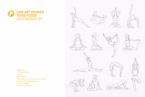 Black Line Art Woman Yoga Poses Illustration Set