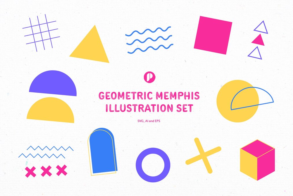Bright Geometric Memphis Illustration Set with Purple Blue Pink and Yellow colors