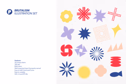 Colorful Minimalist Brutalism Illustration Set with Red Yellow Lilac Peach and Blue colors