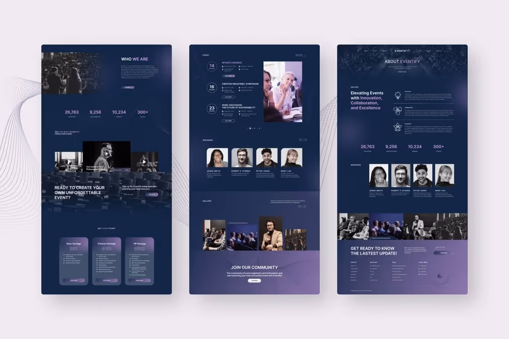 Eventify – Dark Blue Event & Conference Website with Dark Blue White Purple and Gray colors