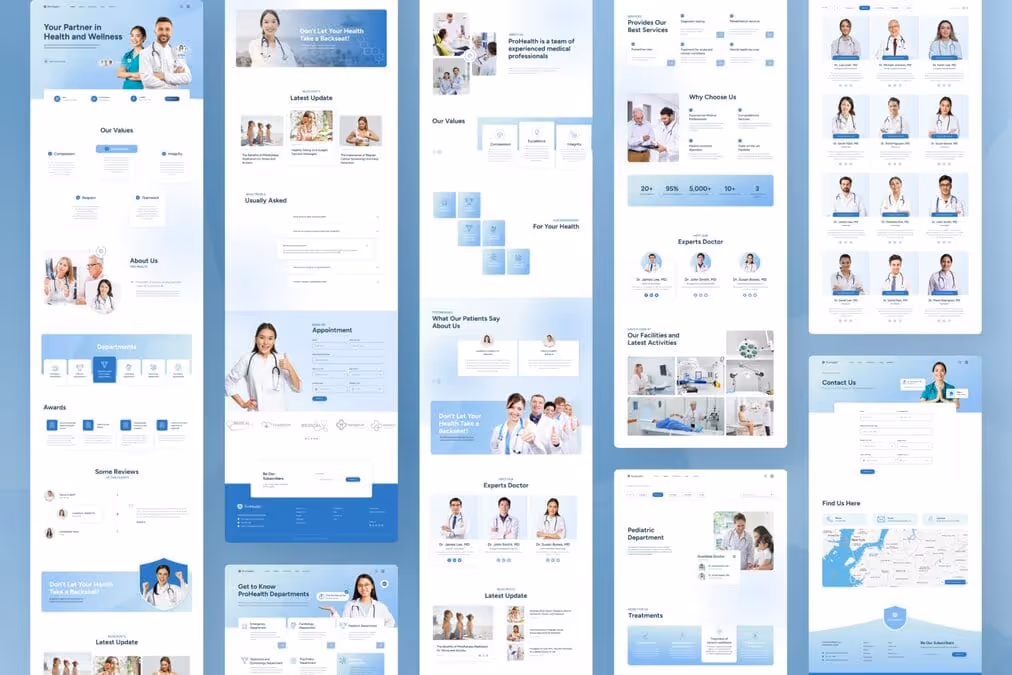 ProHealth – Delight Blue Minimalist Modern Medical & Healthcare Website Design with White Delight Blue Raisin Black and Navy colors
