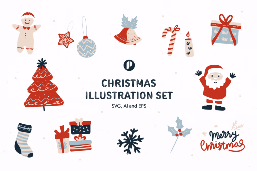 Warm and Joyful Christmas Illustration Set with Maroon Nude Light Grey Deep Blue and White colors