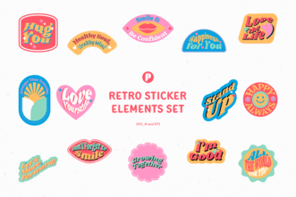 Bright Retro Sticker Elements Set with Pink Red Blue Yellow Green and White colors