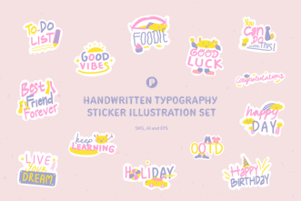 Fun Wordy Handwriting Typography Sticker Illustration Set with Blue Bell Pink Yellow and White colors