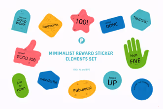 sticker, reward, appreciation, rewarding words, praise, compliment, encouragement, sticker design, reward stamp, minimalist, simple, blue, yellow, red, green, turquoise, svg, eps, ai, design element, illustration
