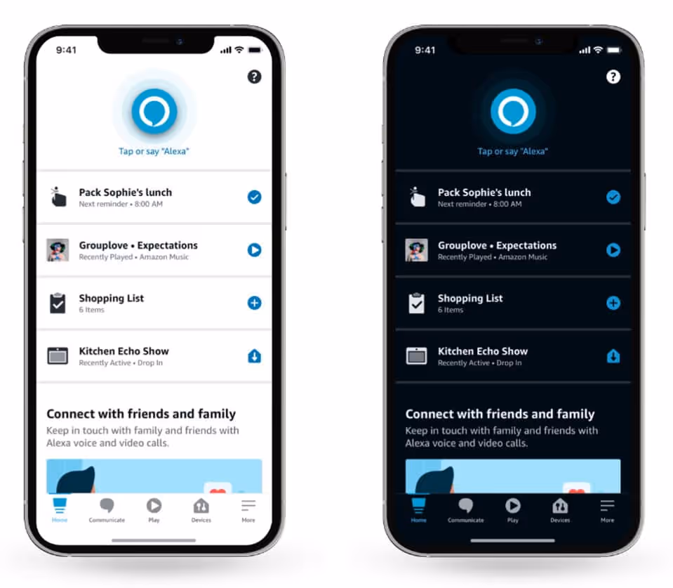An example of responsive color schemes that are adaptable to user preference from Amazon Alexa App in light and dark mode