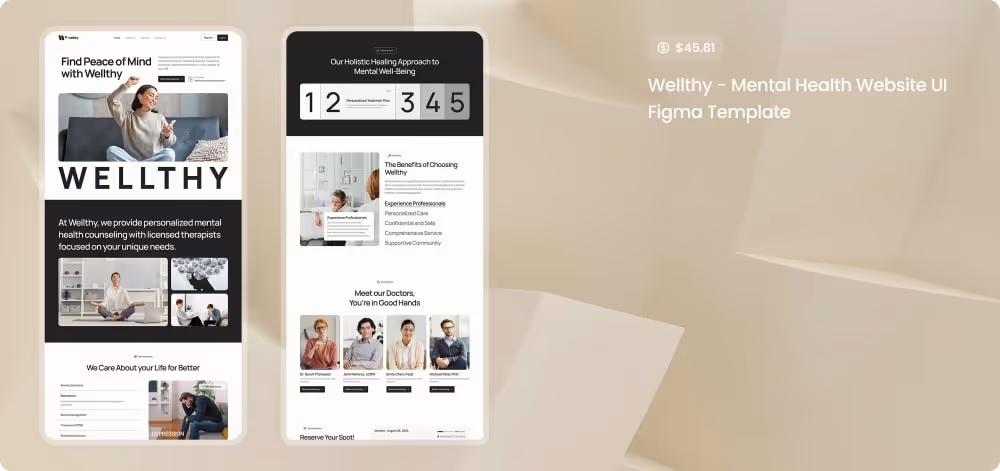 Wellthy, a mental health website UI Figma template, breaks through into one of Peterdraw's 2024 best designs for its quality and execution