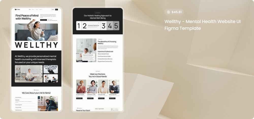 Wellthy, a mental health website UI Figma template, breaks through into one of Peterdraw's 2024 best designs for its quality and execution