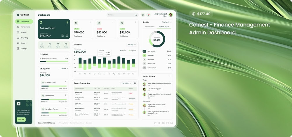 Coinest, a finance management admin dashboard, that sit in the top position of Peterdraw's 2024 Best Designs