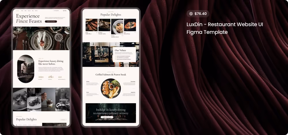 Luxdin, a restaurant website UI Figma template, an elegant yet minimalist website template that can be a great investment for the restaurant business
