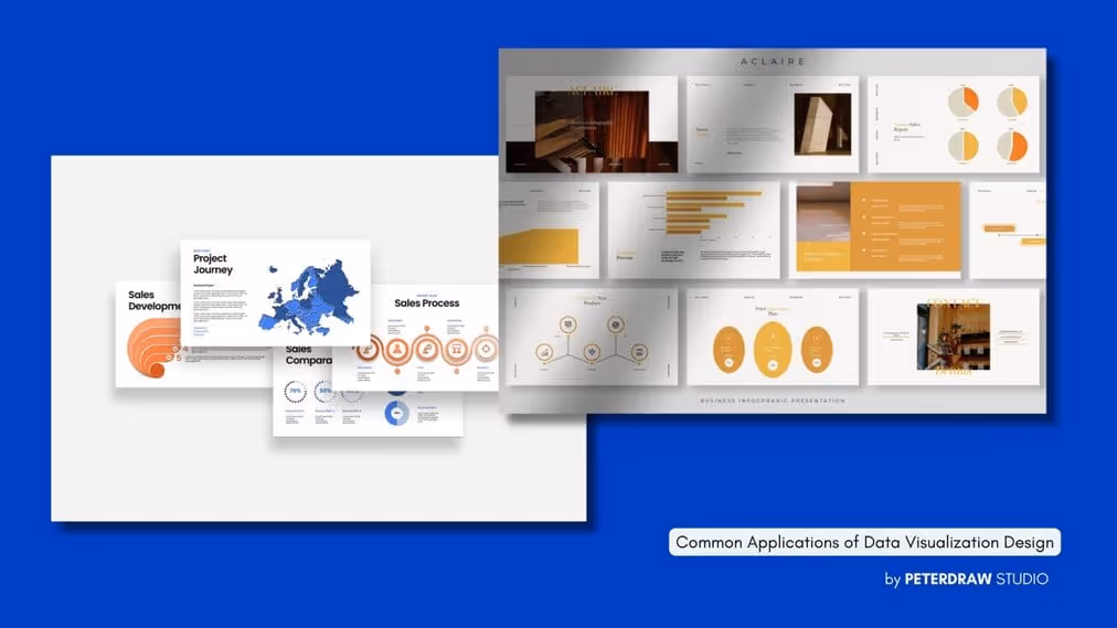 Examples of data visualization design on dashboards on presentations, with various charts and graphs