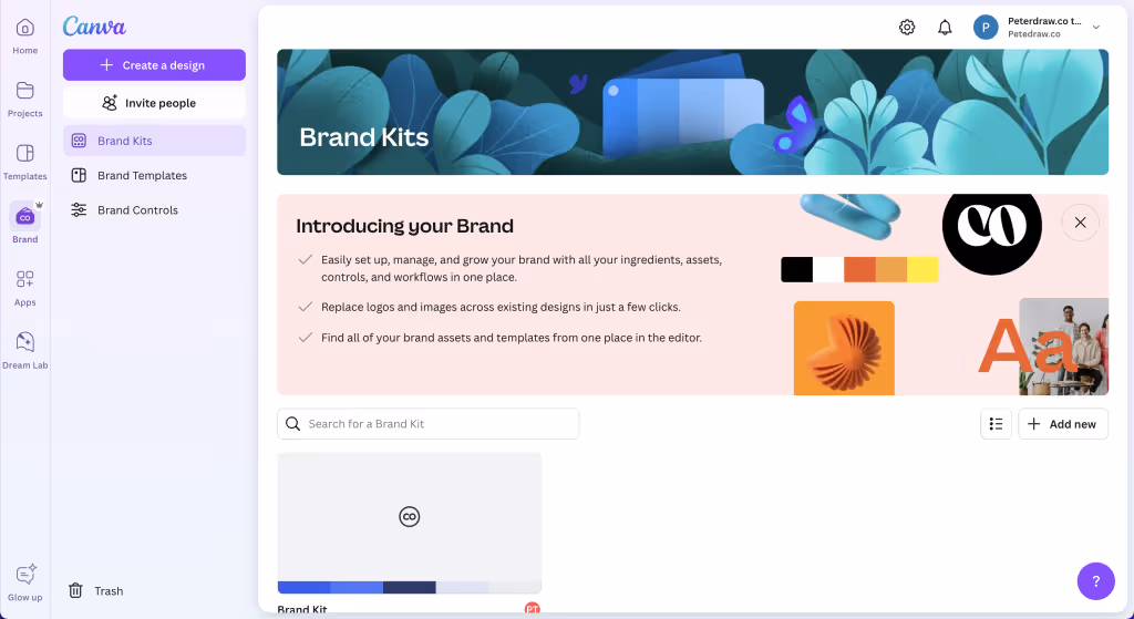 Canva Brand Kit, where you can store brand colors, fonts, and logos