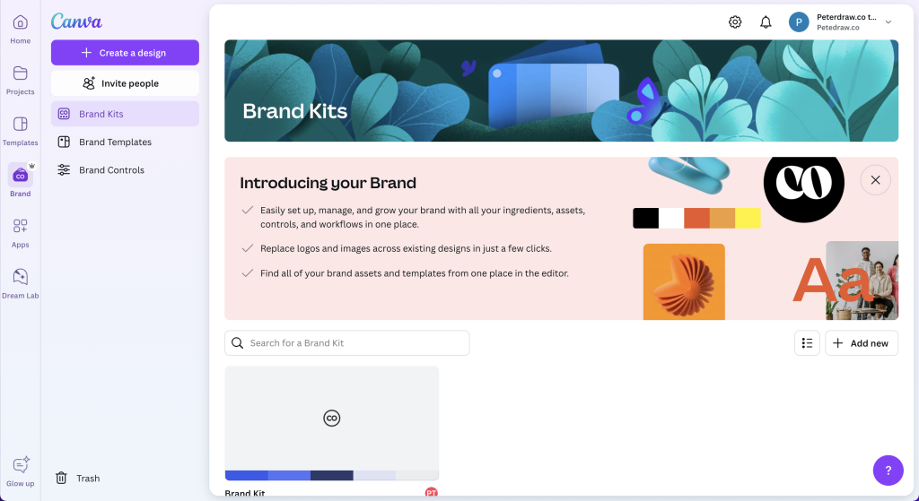 Canva Brand Kit, where you can store brand colors, fonts, and logos