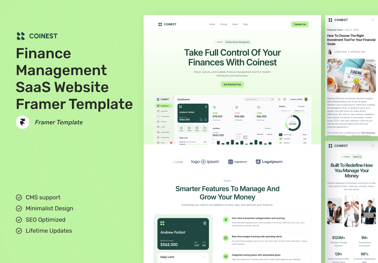 Coinest - Finance Management SaaS Website Framer Template