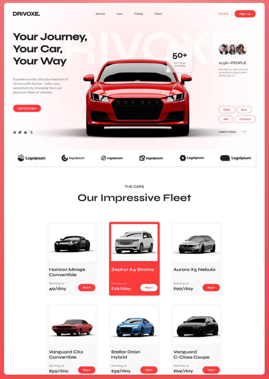 Drivoxe, a conversion-focused car rental homepage with clear, repeatable CTAs that guide users from browsing to booking.