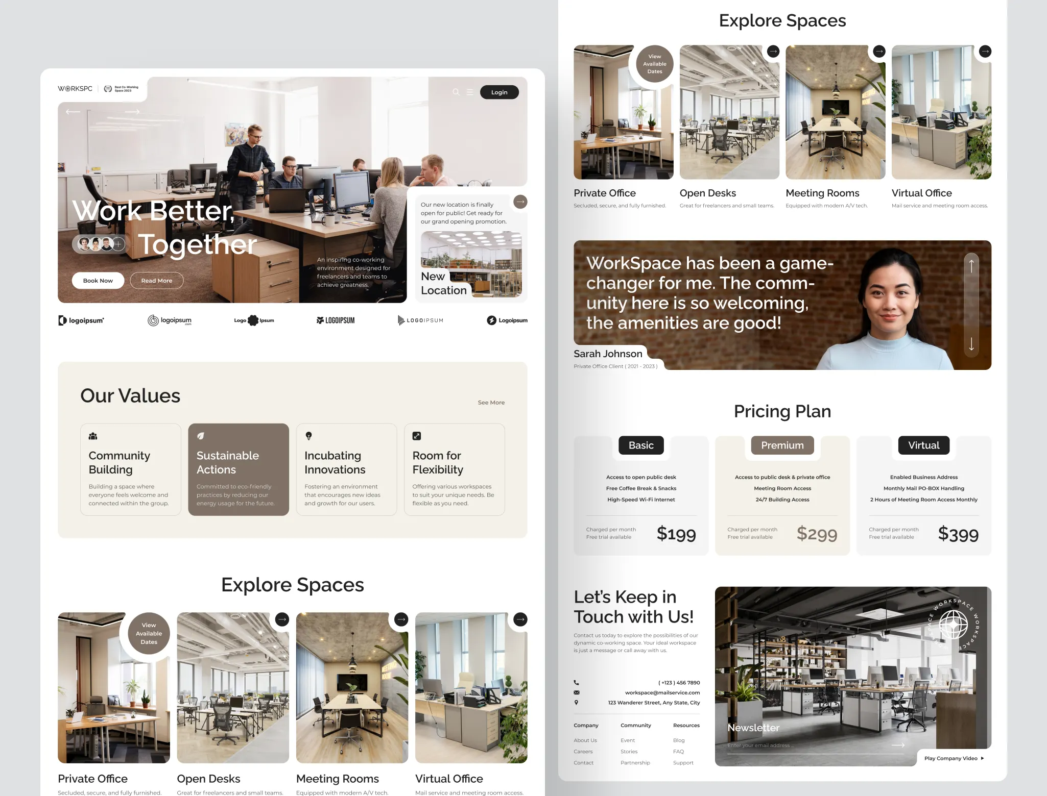 WorkScape, a co-working homepage that builds instant trust with authentic member testimonials placed right where decisions happen.