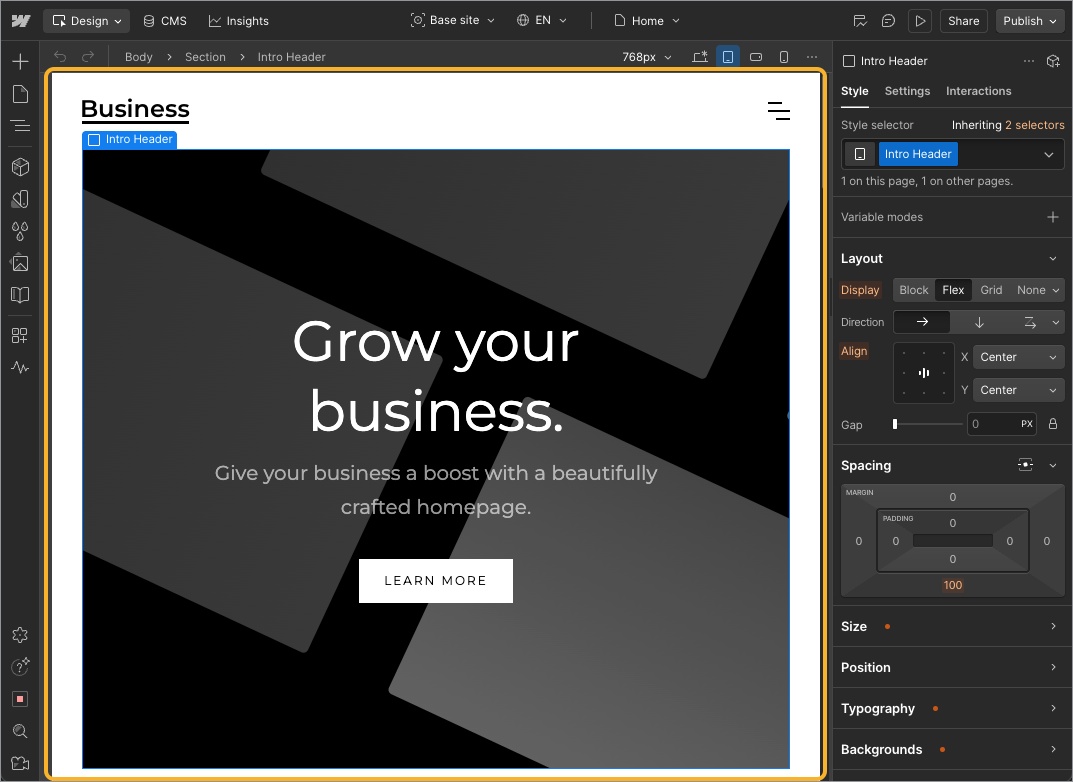 Webflow's visual editor tools