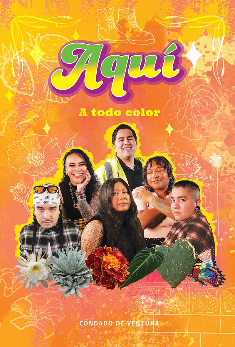 Portada de la revista Aquí. Incluye fotos de 6 personas sobre un fondo naranja con textura, con flores, cactus y otros íconos que los representan.