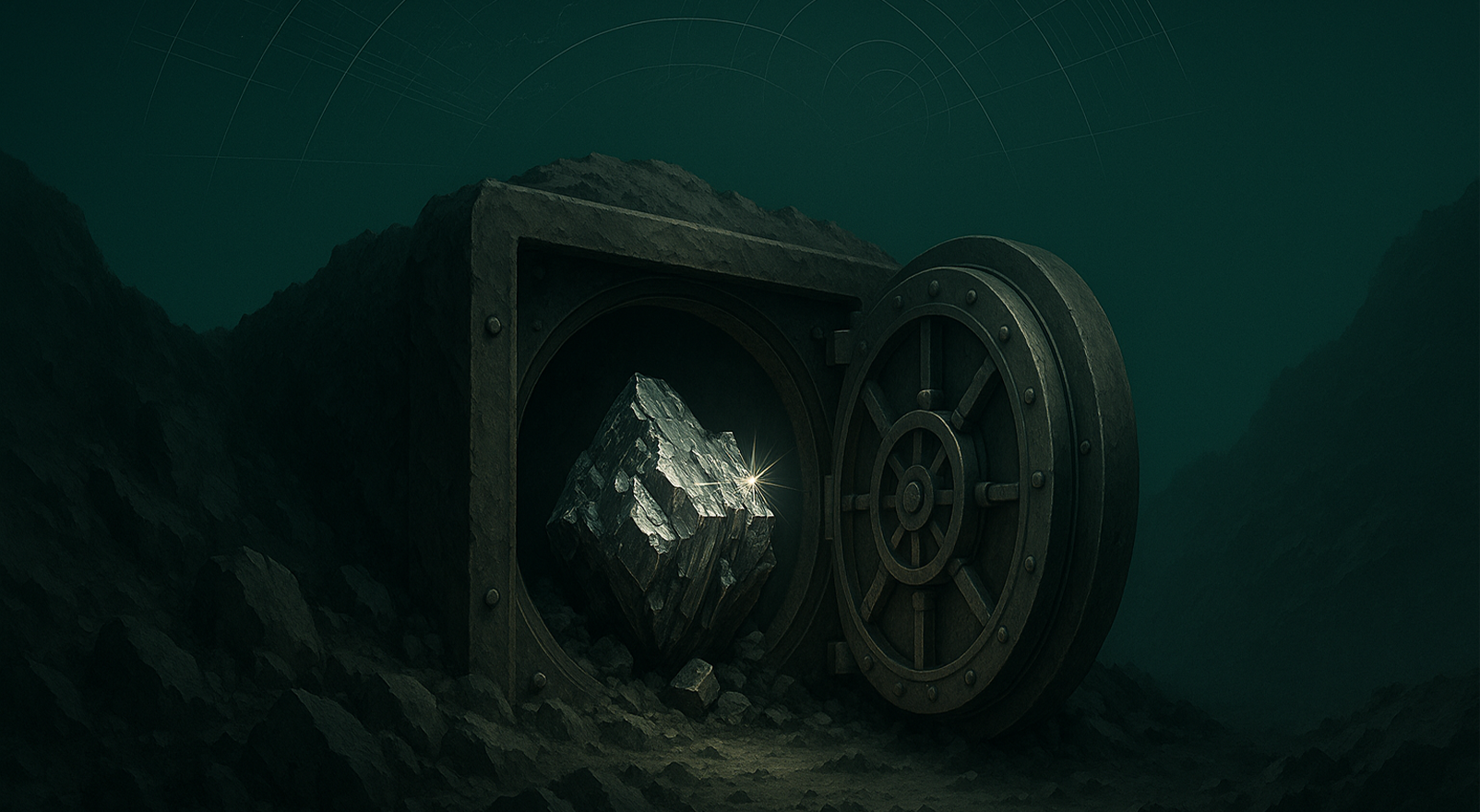 Large metallic vault door open, revealing a shining silver ore rock inside, surrounded by dark rocky terrain.