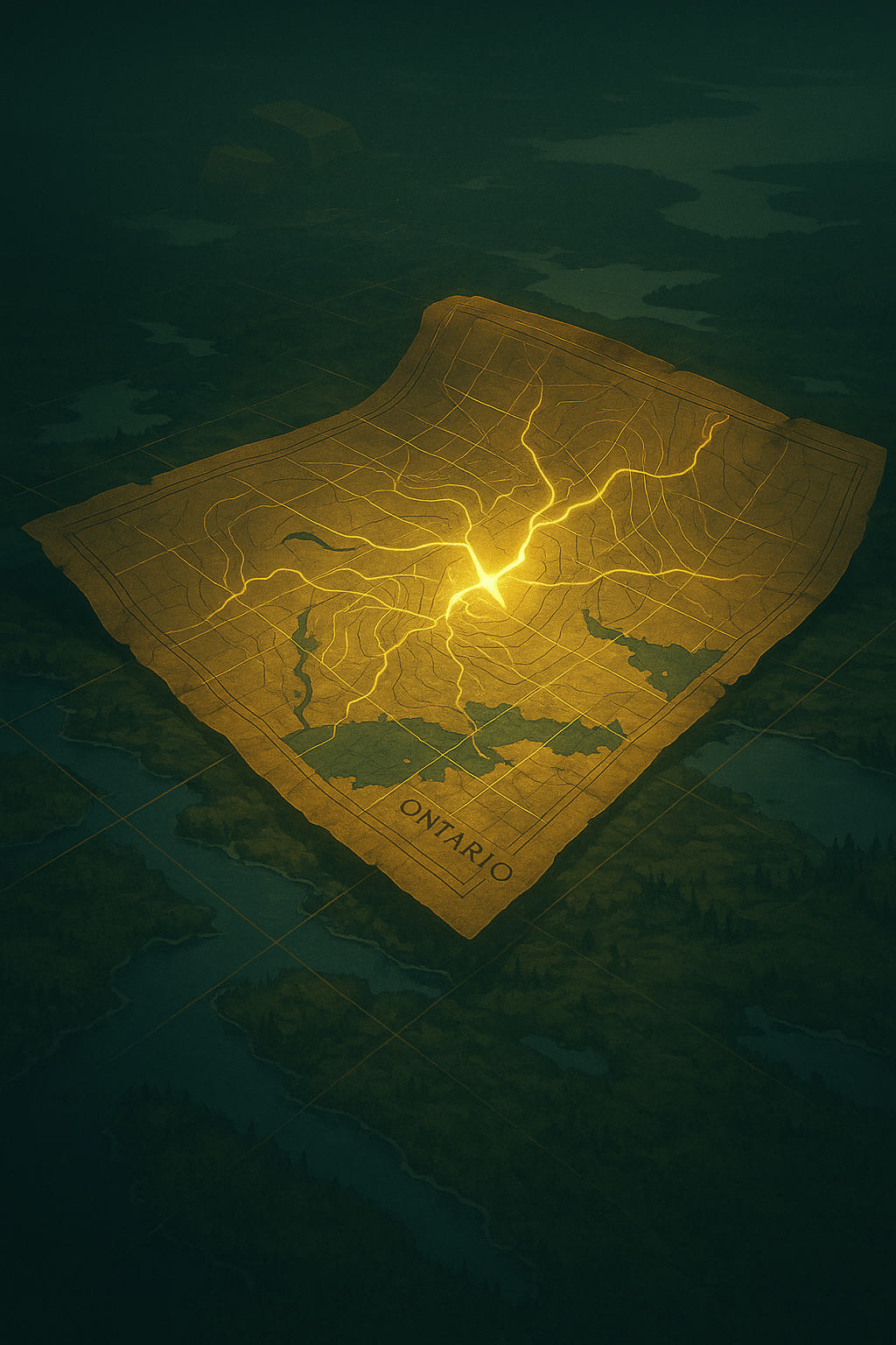 Glowing, stylized map of Ontario showing illuminated river pathways on a dark background.