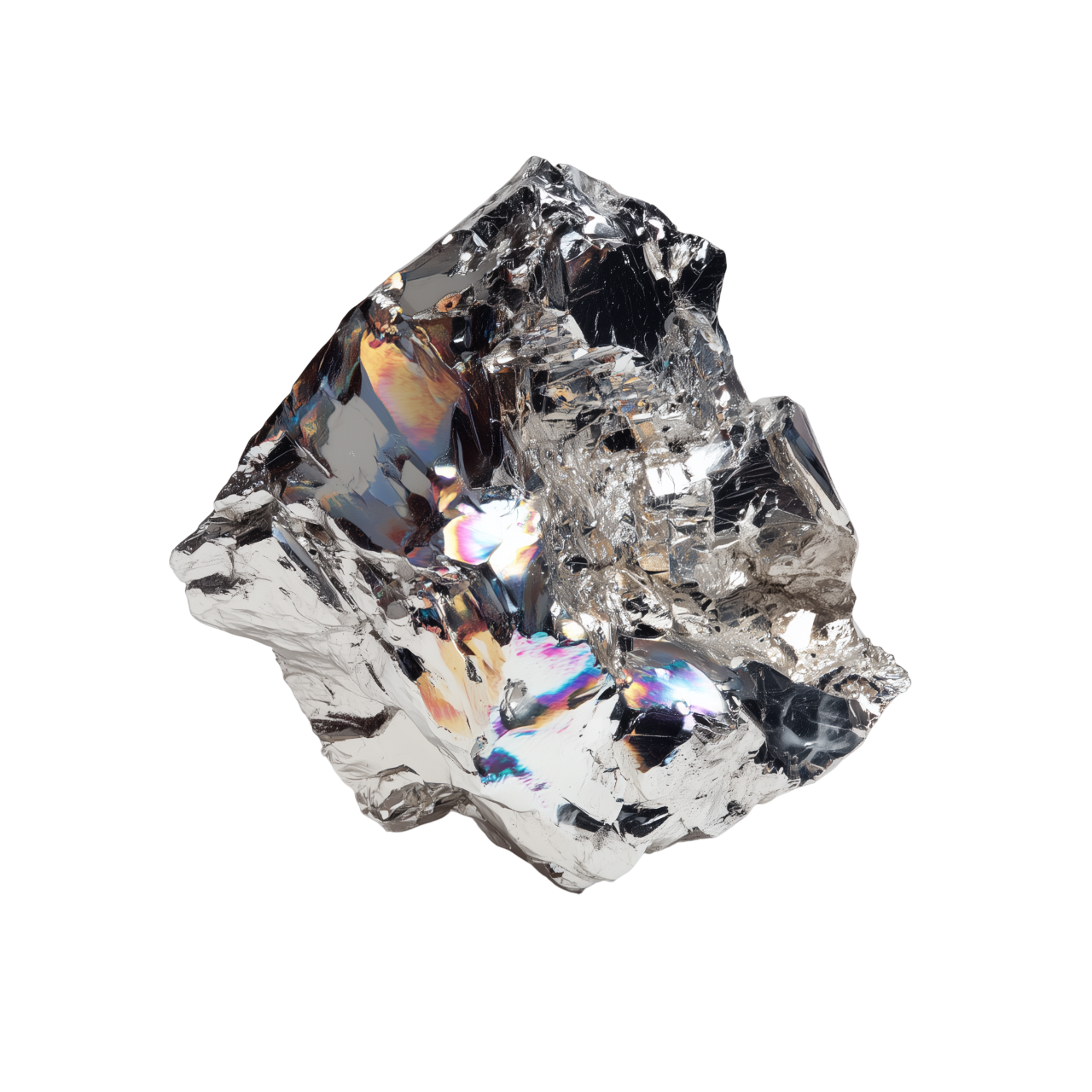 Close-up of a shiny, reflective chrome mineral rock with iridescent patches on a black background.