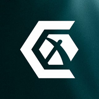 White stylized geometric logo with a hexagon and intersecting curved lines on a dark green background.
