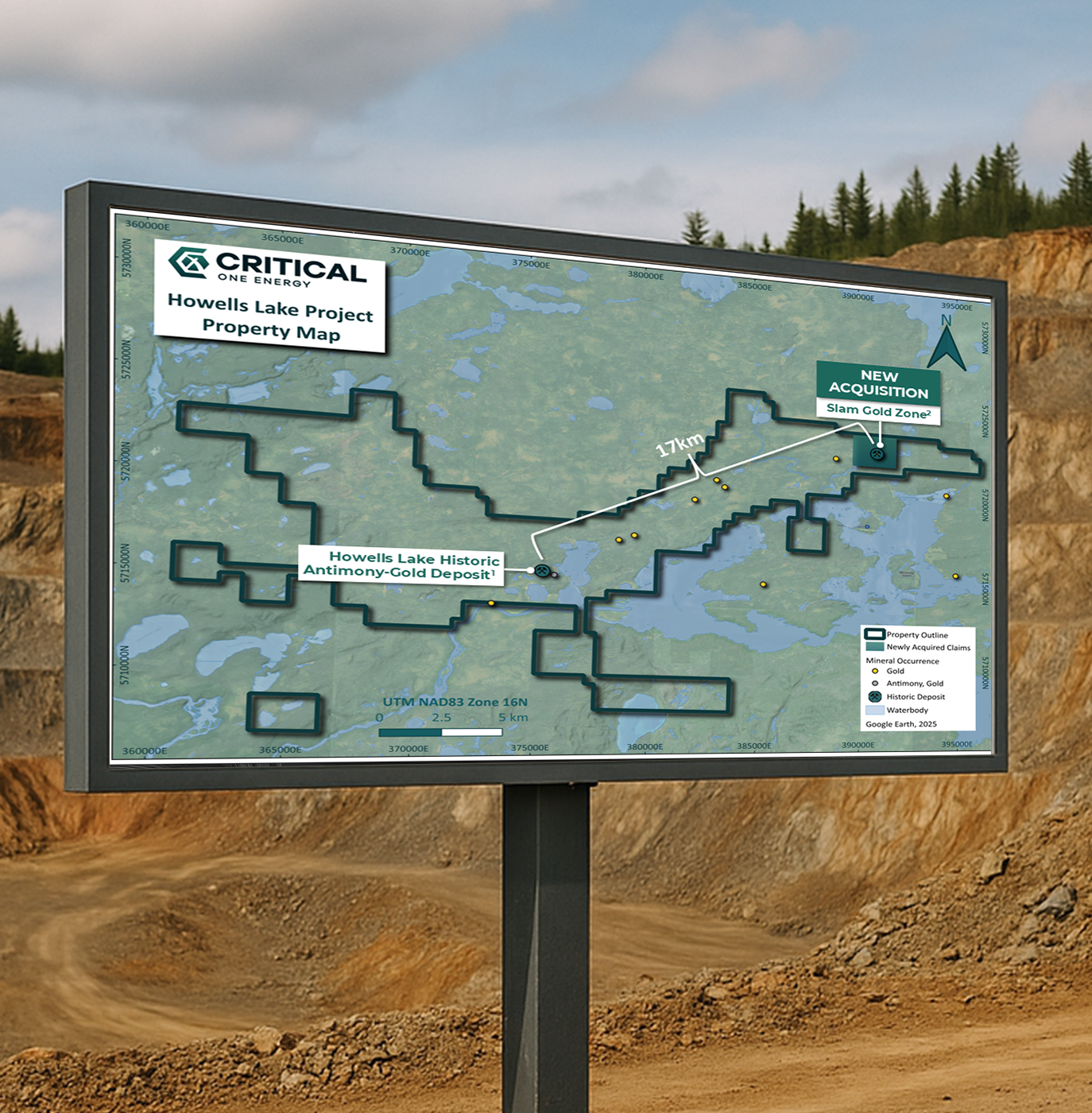 Outdoor sign displaying the Critical One Energy Howells Lake Project Property Map, highlighting property outline, new acquisition Slam Gold Zone, historic Antimony-Gold deposit, and mineral occurrences with a north arrow and scale bar.