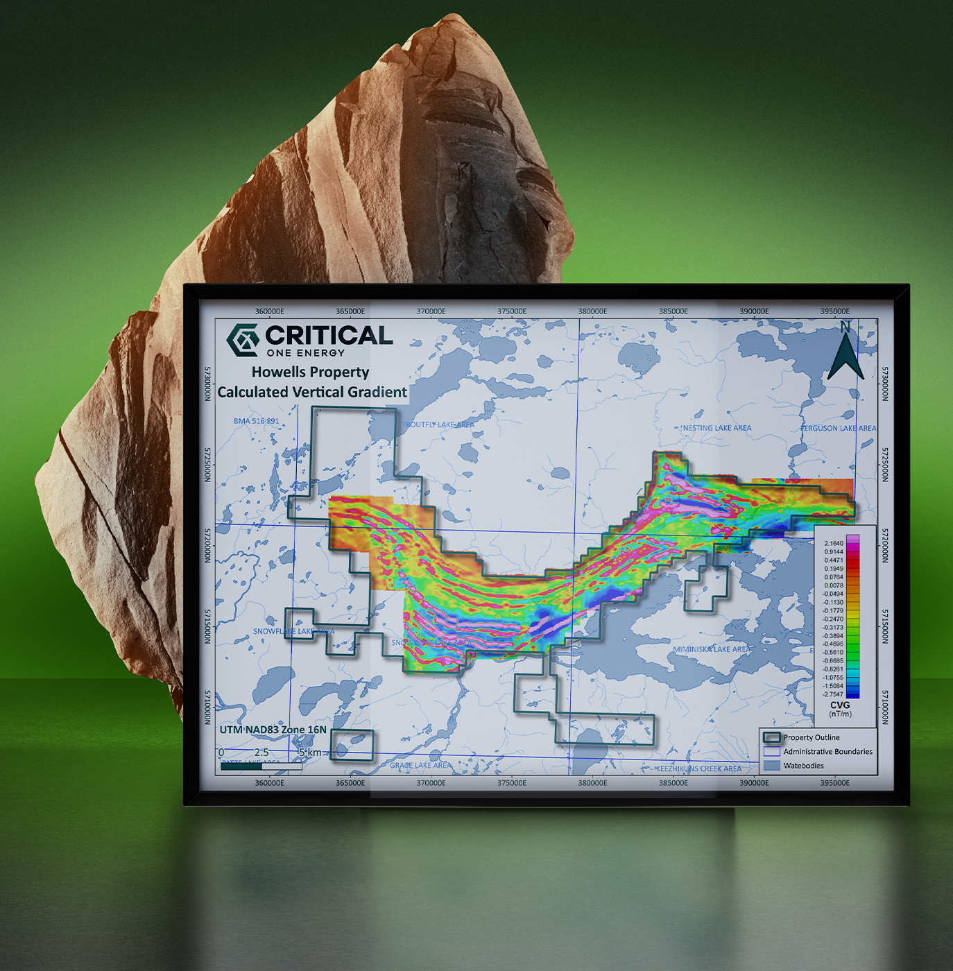 Framed map displaying the calculated vertical gradient for Howells Property by Critical One Energy with a colorful gradient overlay and a legend.