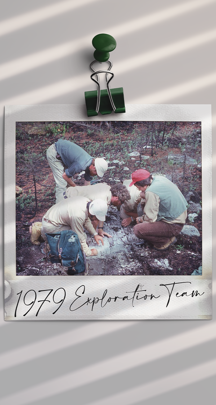 Four explorers in outdoor gear examining rocks on the ground in a forested area labeled 1979 Exploration Team.
