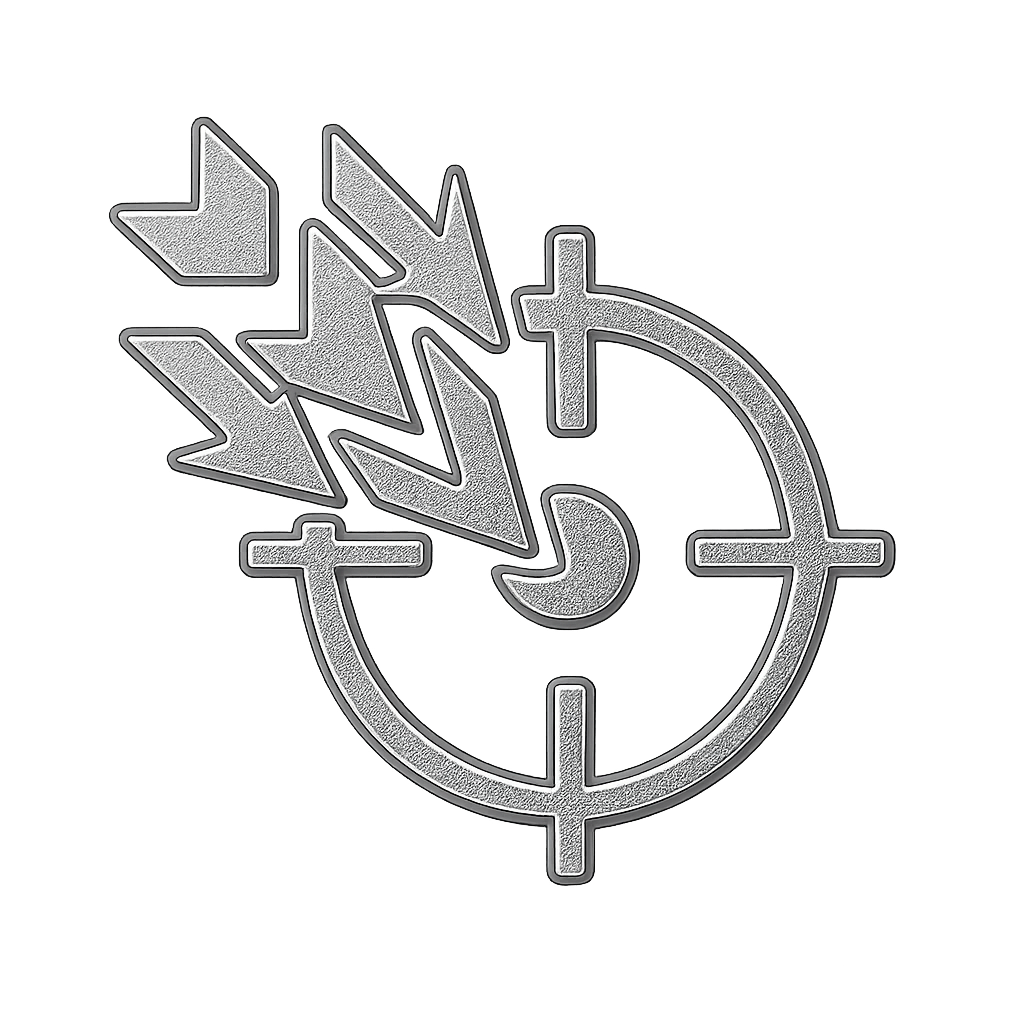 Metallic icon showing multiple arrows converging into a circular target with crosshairs on a dark gradient background.
