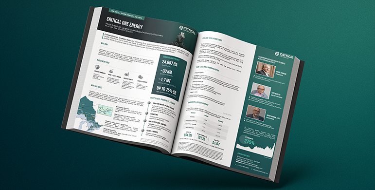 Open magazine spread titled 'Critical One Energy' showing project details, maps, key statistics, and team member profiles.