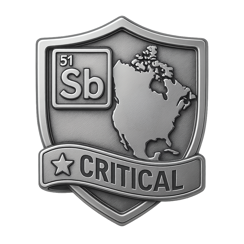 Metallic shield emblem showing the map of North America with the element symbol Sb (antimony) and atomic number 51, labeled 'CRITICAL'.