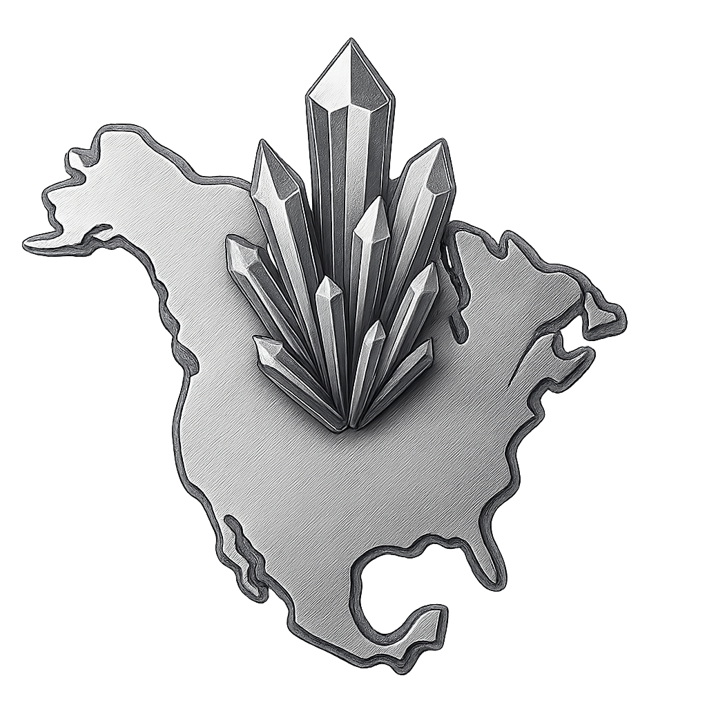 Black and white illustration of a crystal cluster emerging from a textured outline of the North American continent.