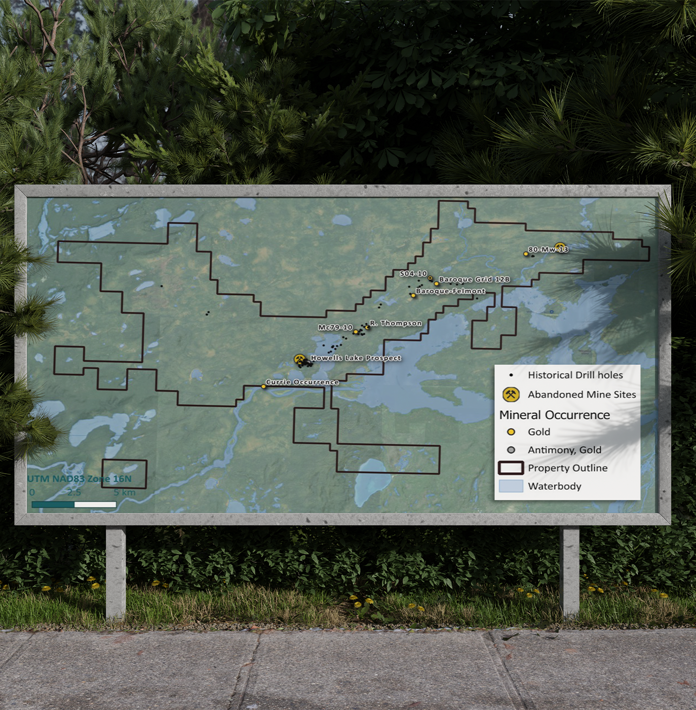 Map showing a property outline with various labeled mineral occurrences including gold and antimony deposits, historical drill holes, abandoned mine sites, and waterbodies, with a scale bar at the bottom left.
