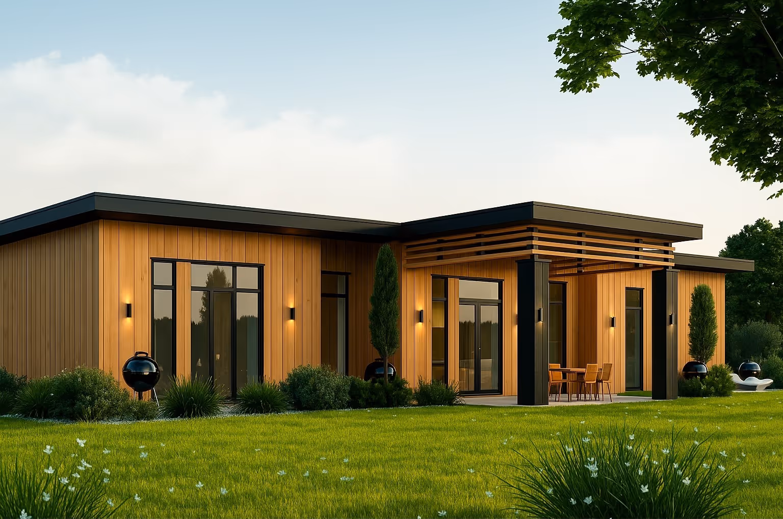 Modern single-story home with dark wood siding, large windows, and a welcoming porch surrounded by lush greenery and a grassy lawn.