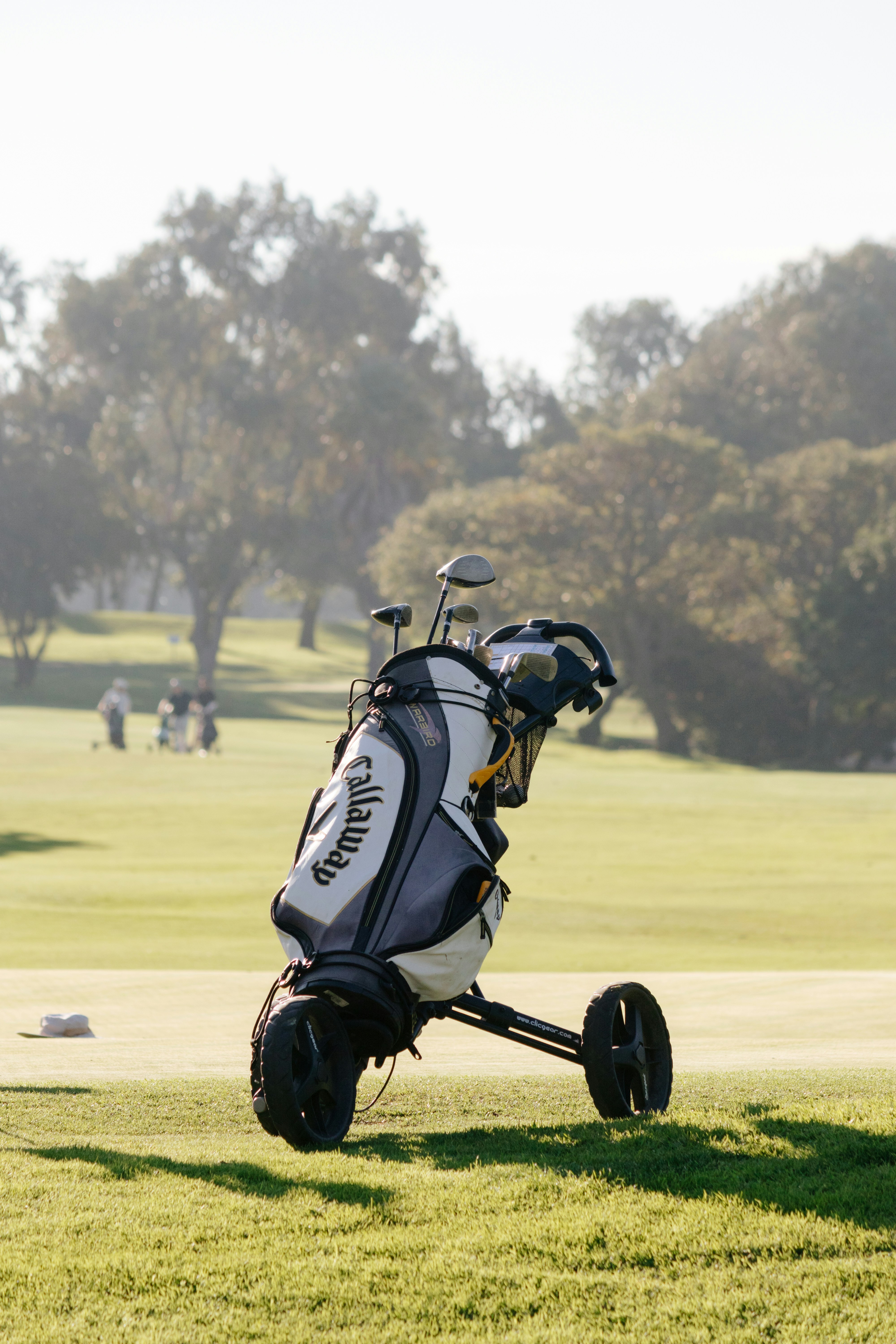 A callaway golf bag with clubs on agolf trolley