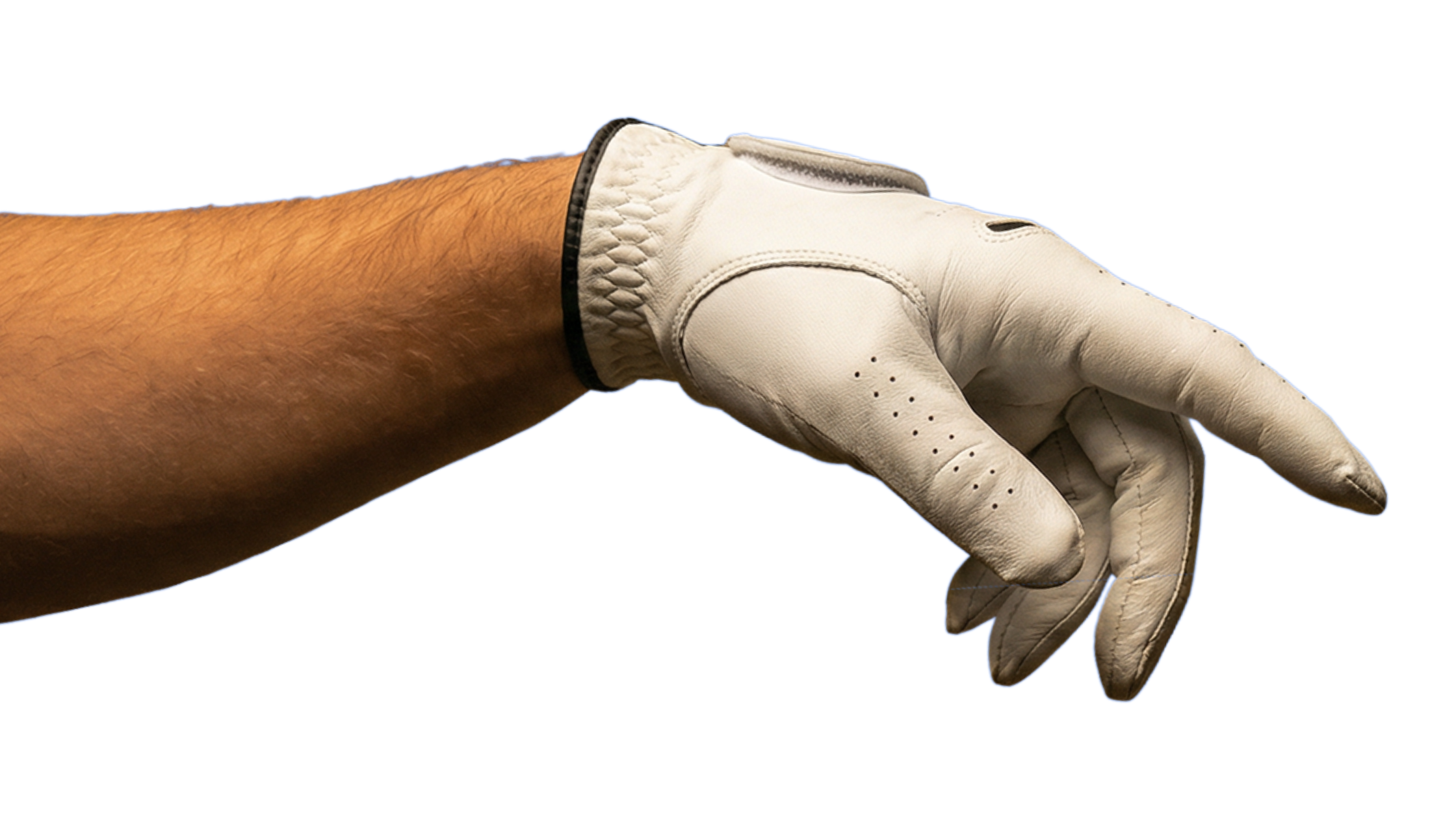 Right hand wearing a white leather golf glove pointing with the index finger.