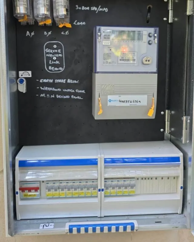 Electrical panel box with circuit breakers and an electricity meter mounted inside a metal enclosure.
