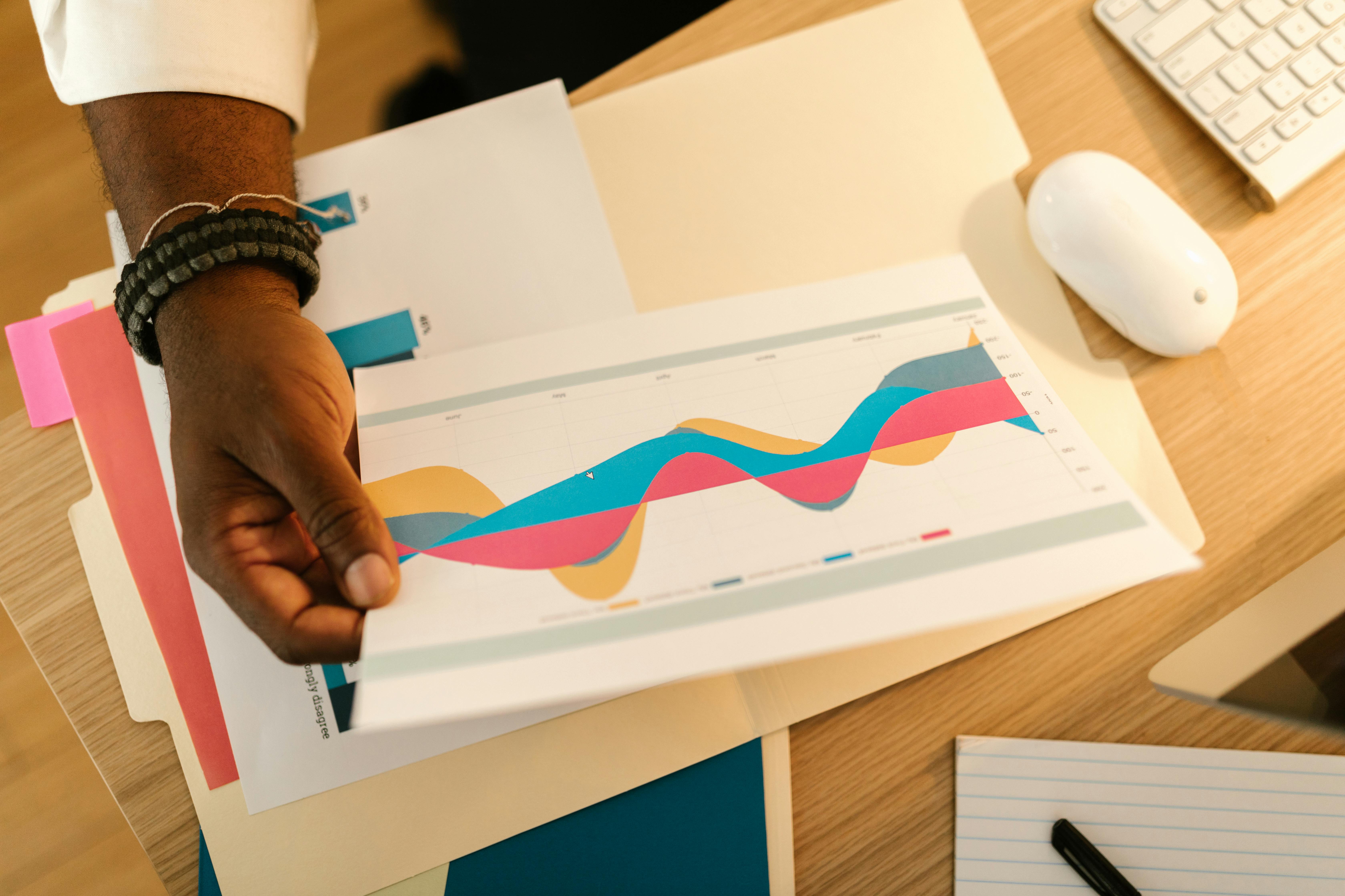 Business professional analyzing a colorful performance indicator graph for data driven decision making and performance improvement plan.