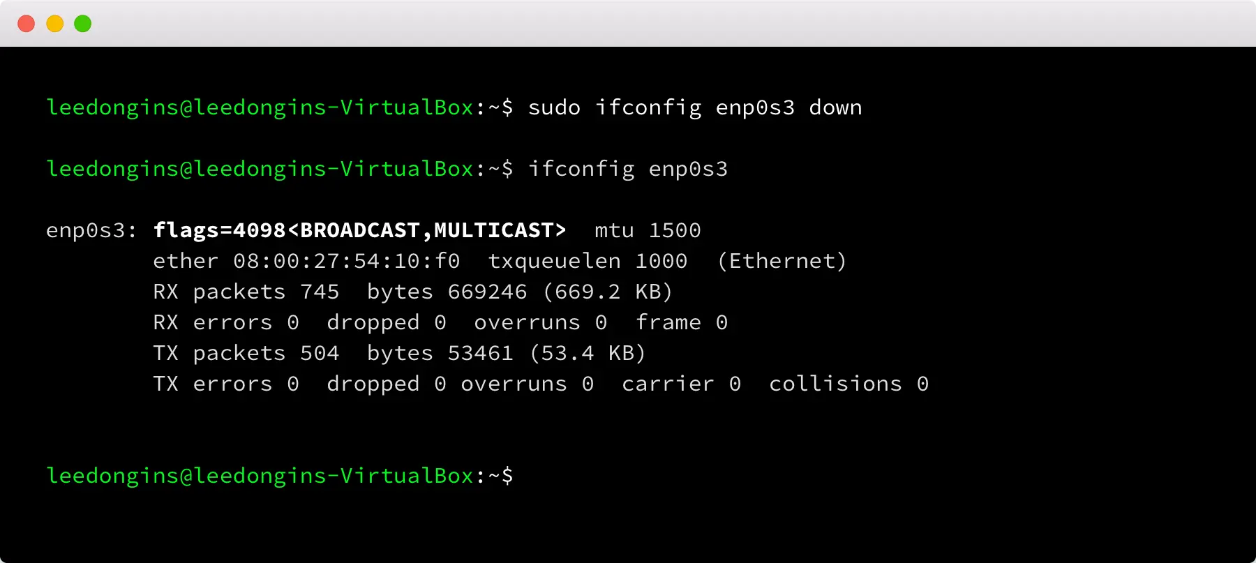 해당 인터페이스 비활성화 하기 <ifconfig [interface] down>
