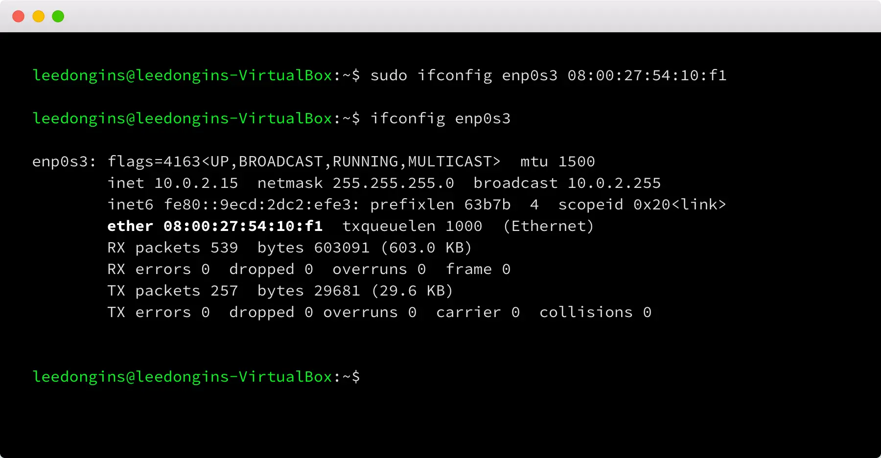 해당 인터페이스에 맥 어드레스 할당하기 <ifconfig [interface] hw ether [mac address]> 