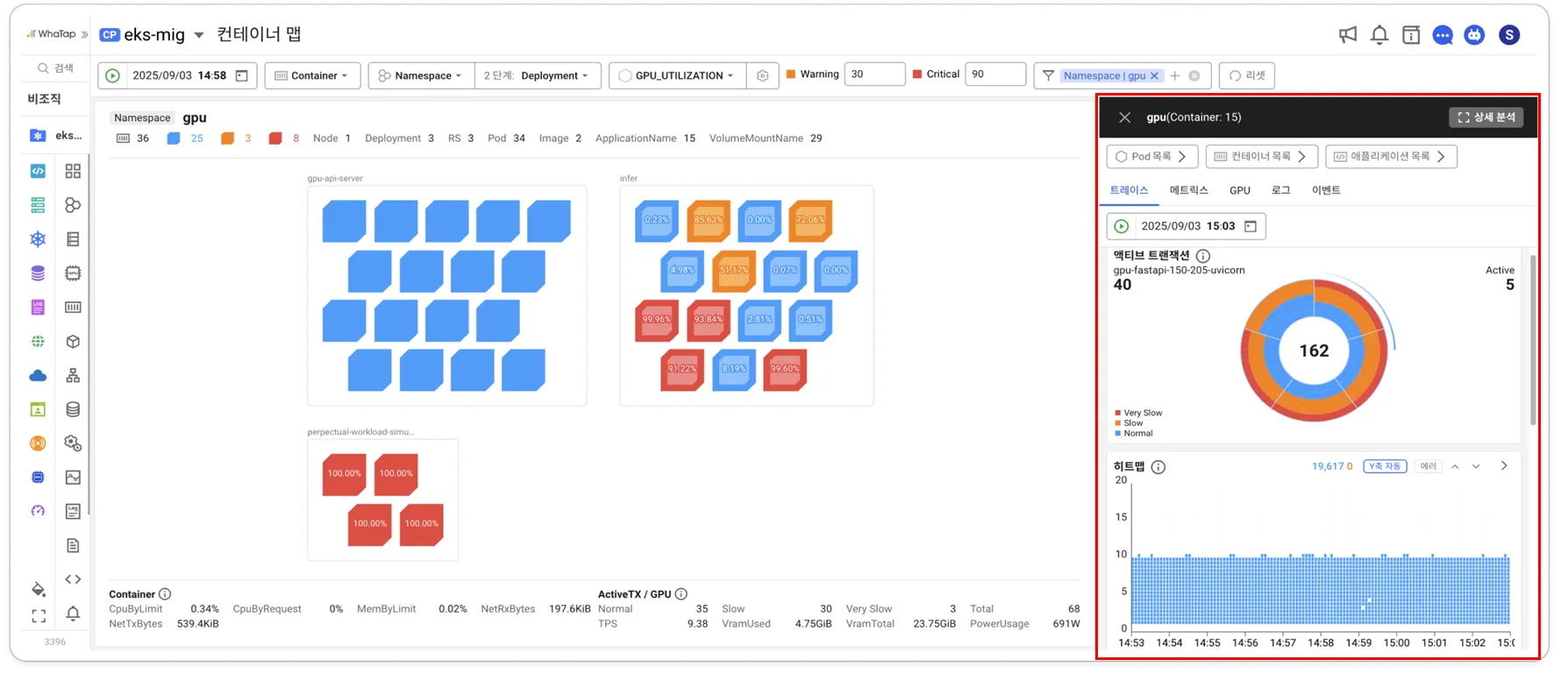 쿠버네티스 워크로드 기반의 GPU를 이용한애플리케이션의 트랜잭션, 로그 등 내부 분석 (우측 화면)