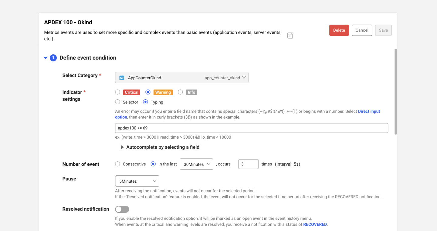 Apdex-based alarm configuration screen