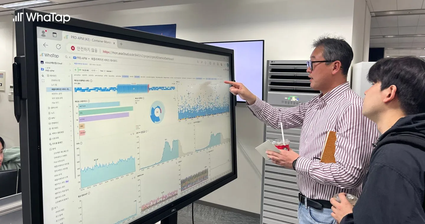 AXA손해보험 사무실 중앙에 위치한 와탭 대시보드를 보며 설명하고 있는 박상후 Chief Architect