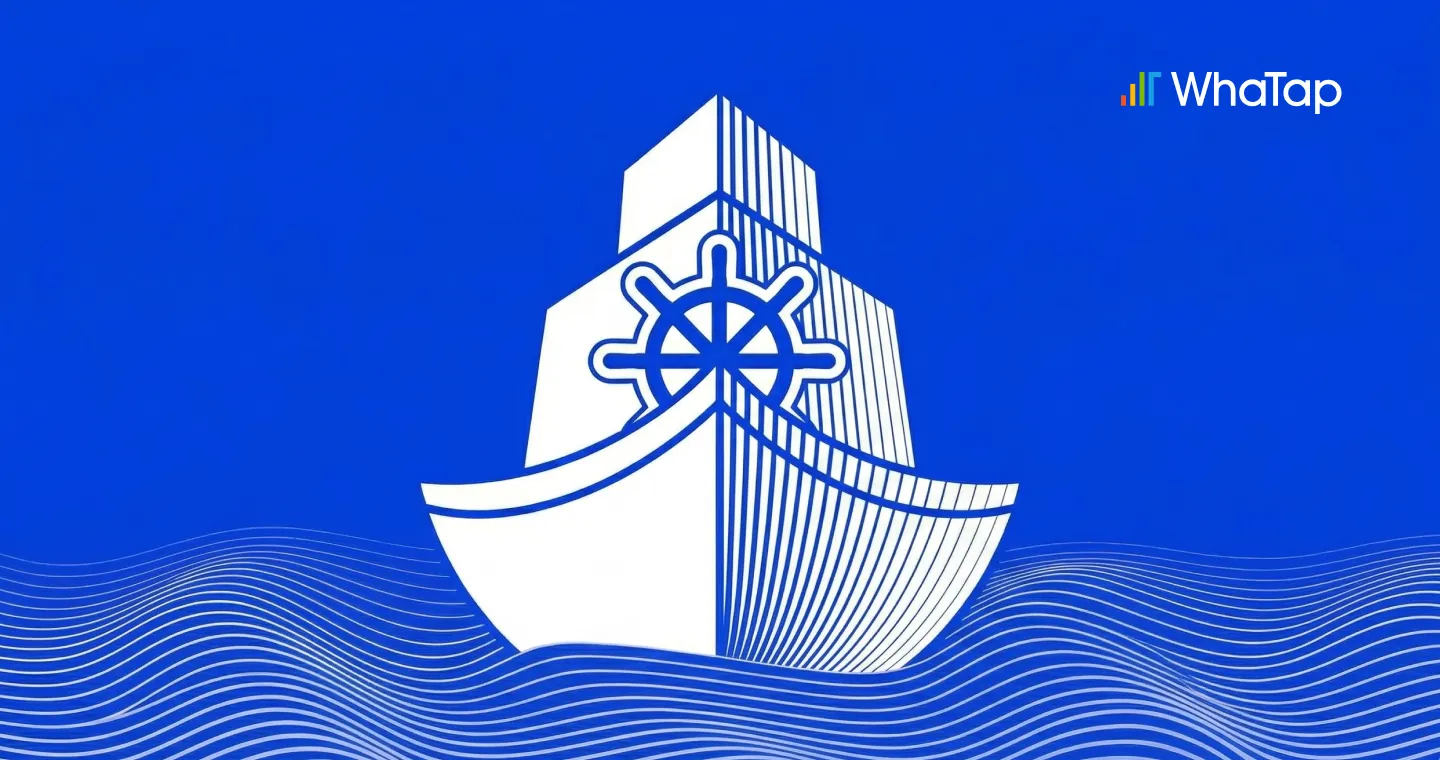 A ship engraved with a helm (steering wheel) symbolizing WhaTap Kubernetes monitoring, and waves