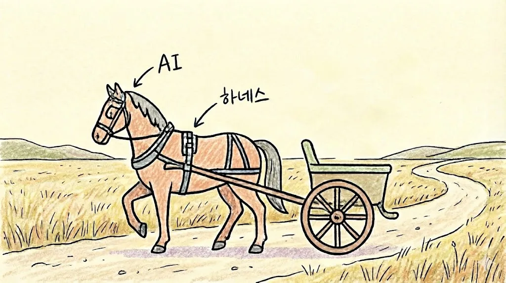 하네스 엔지니어링(Harness Engineering)의 구조를 설명하는 다이어그램. AI 모델이라는 핵심 엔진을 감싸는 제어 시스템으로, 아키텍처 경계·가이드(피드포워드)·검증 센서(피드백 루프)·관찰성 레이어의 네 가지 구성 요소를 시각화한 이미지