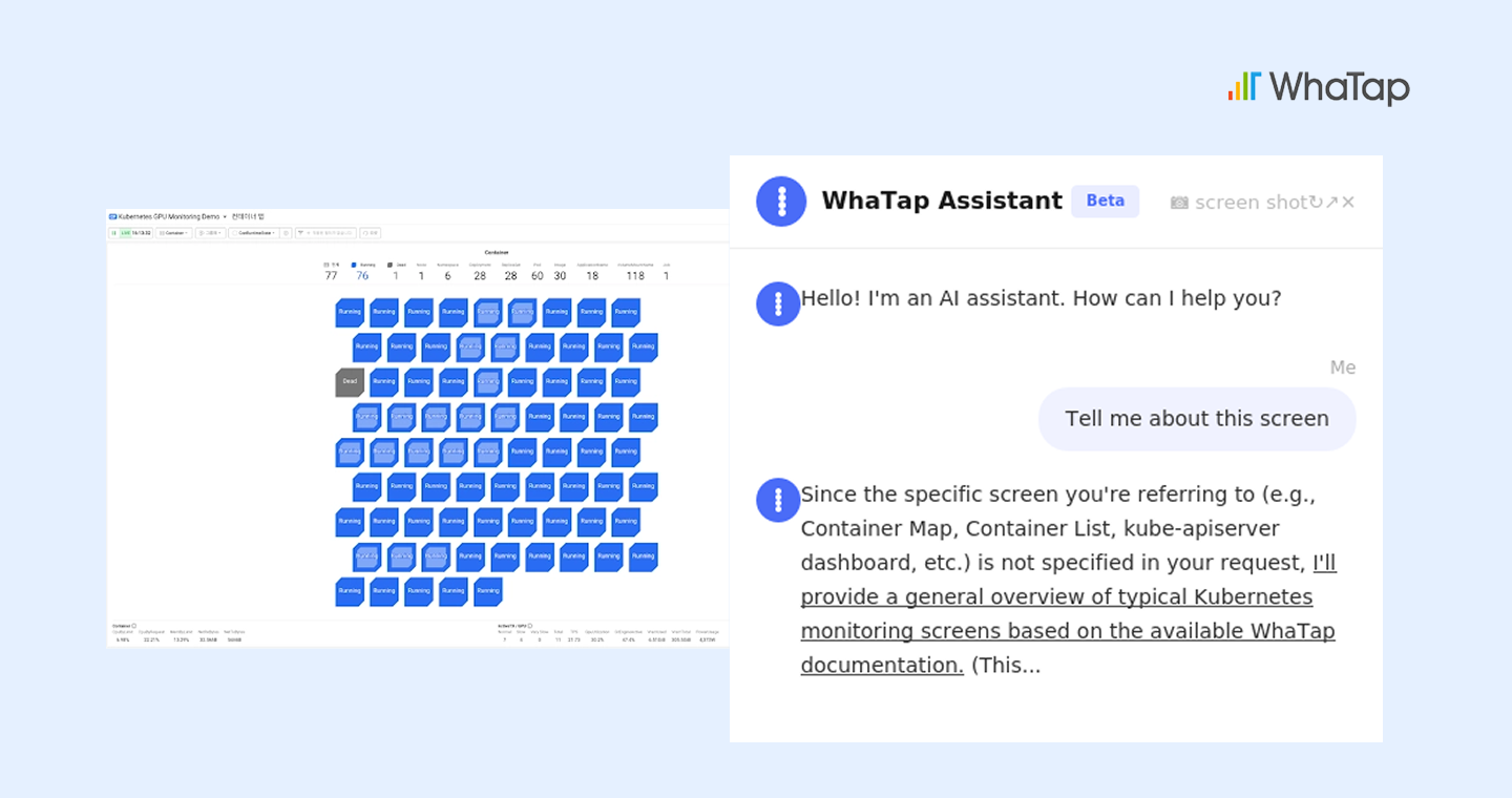 the AI chatbot next to WhaTap's Container Map responding based on general documentation, noting that "the specific screen has not been identified."