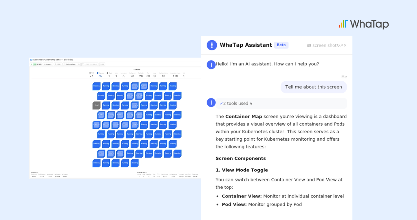 he AI chatbot recognizing WhaTap's Container Map on its own and describing the screen's features and components in specific detail.